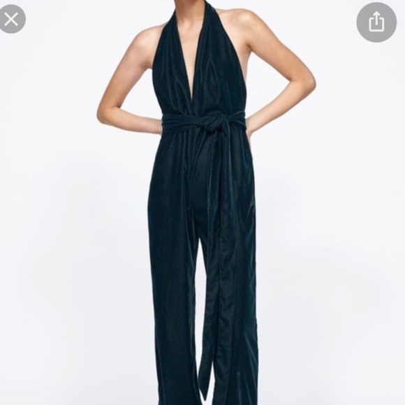 Zara Pants - Zara Deep Teal Halter Velvet Jumpsuit